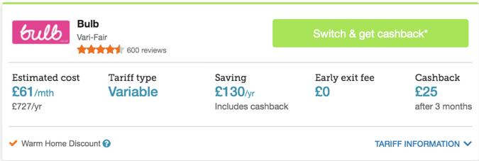 Bulb quote on an comparison site showing that warm home discount and cashback is available Also shows that the energy is £130 cheaper