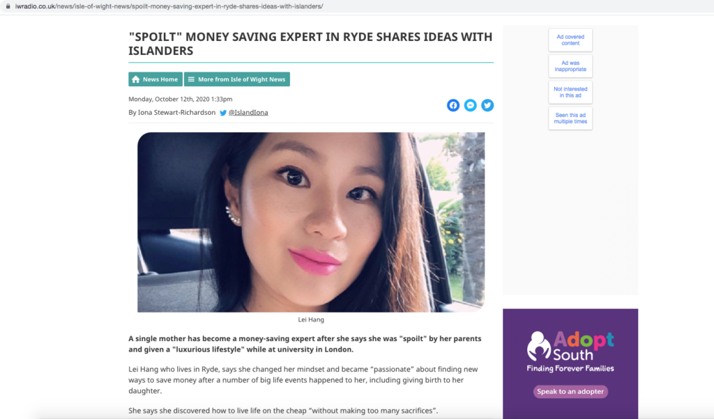 Lei Hang also known as The Thrifty Island Girl Has been featured on the Isle of Wight Radio News in October 2020. Spoilt Money Saving Expert in Ryde shares ideas with islanders.