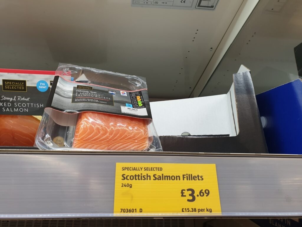 Scottish Salmon fillets at Aldi is only £3.69 which is cheaper than Tesco for their scottish salmon