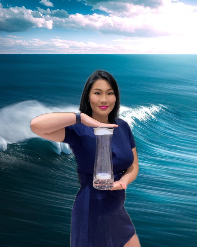 The Thrifty Island Girl Lei Hang with a Brita water filter carafe and a backgroud of the ocean.