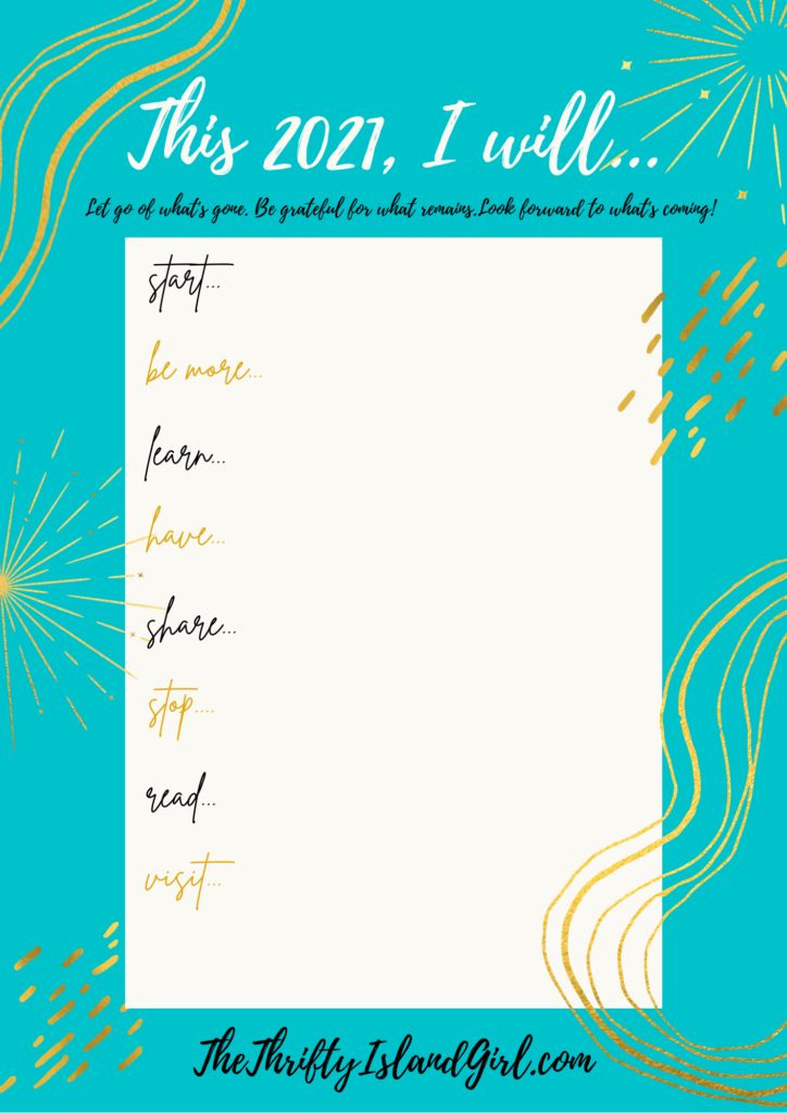 The Thrifty Island Girl New Years Resolution & Goals Free Printable 2021 in turquoise and gold
