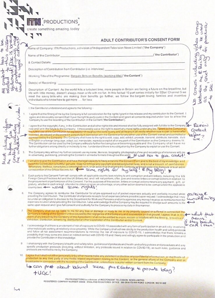 ITN Productions contract that I have highlighted and made notes on.