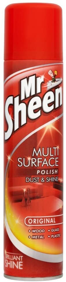 Mr sheen original in a red can, is a multi surface polish. Great for cleaning glass such as windows and mirrors