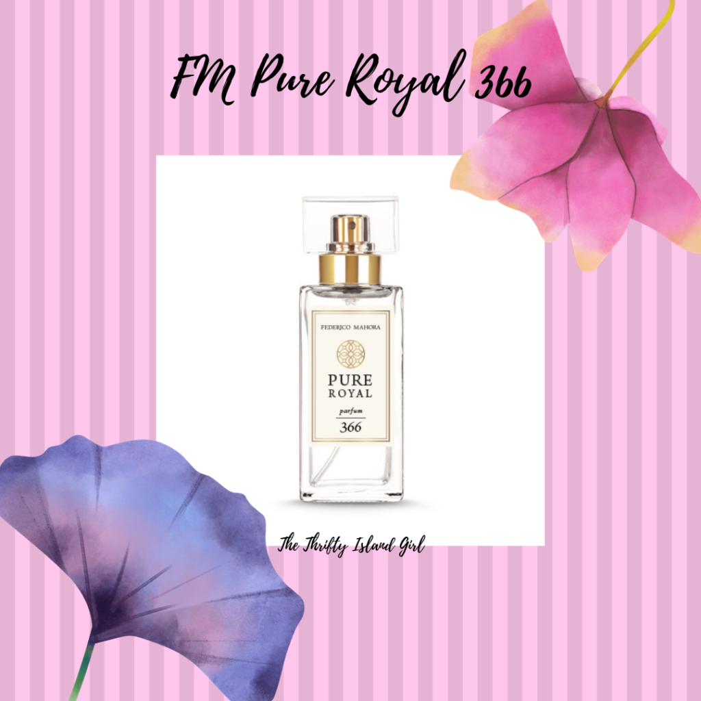 FM Pure Royal 366 perfume on a floral pink striped background by Lei Hang.