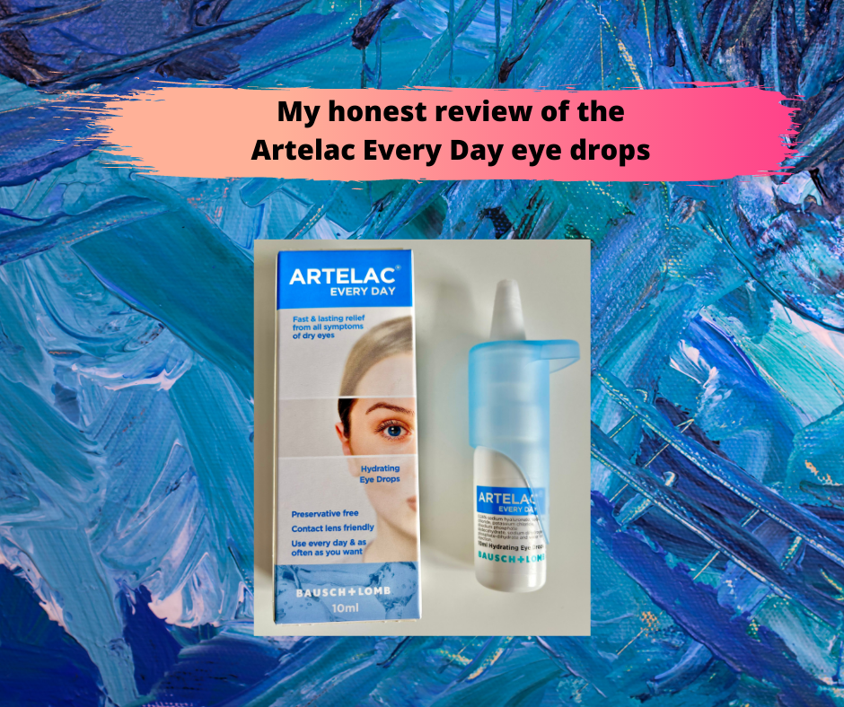 Lei Hang's honest review of the Bausch + Lomb Artelac Every Day eye drops. A picture of the box and bottle of the artelac every day eye drops with a blue paint background
