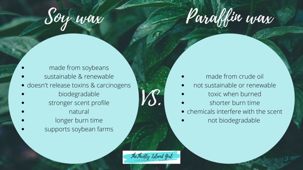 The thrifty island girl soy wax vs paraffin wax candle pros and cons with green leaves in the background. 
