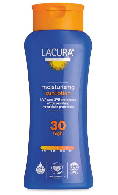 Aldi Lacura moisturising sun lotion is a cheap but very effective suncream. The sunscreens blue and yellow packaging looks very similar to Nivea Sun products.