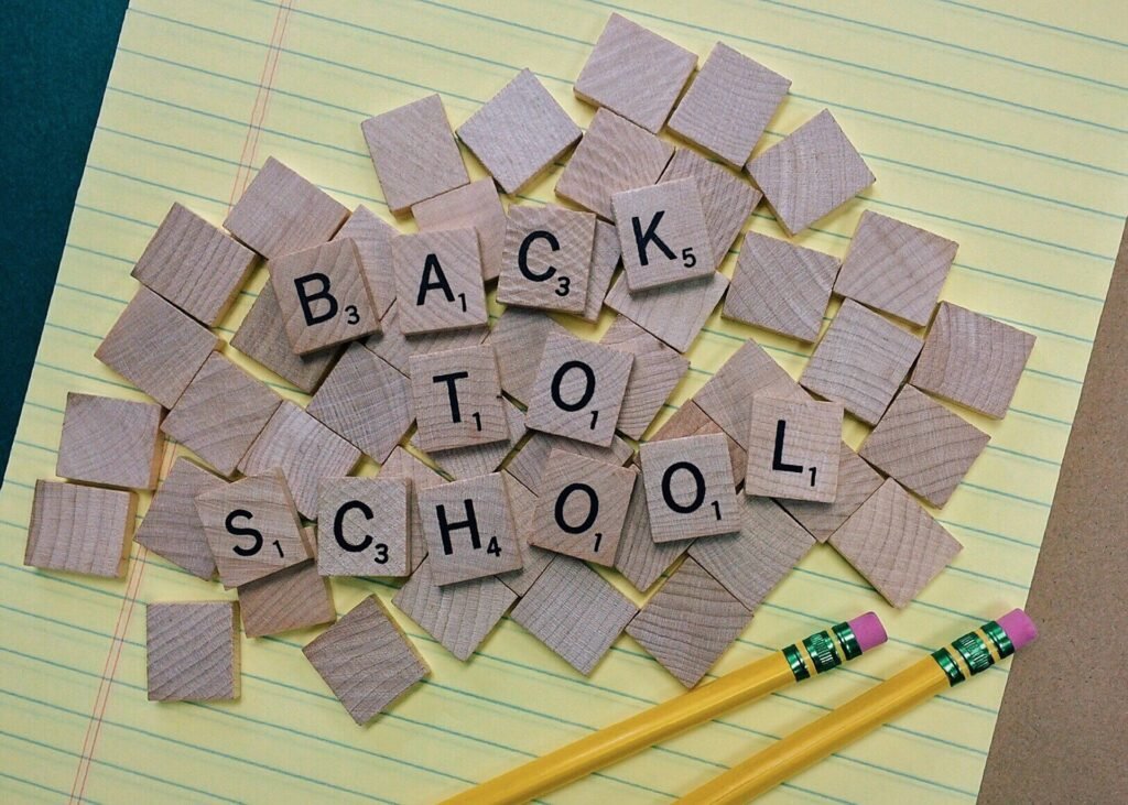 Back to school wooden letter blocks and pencils