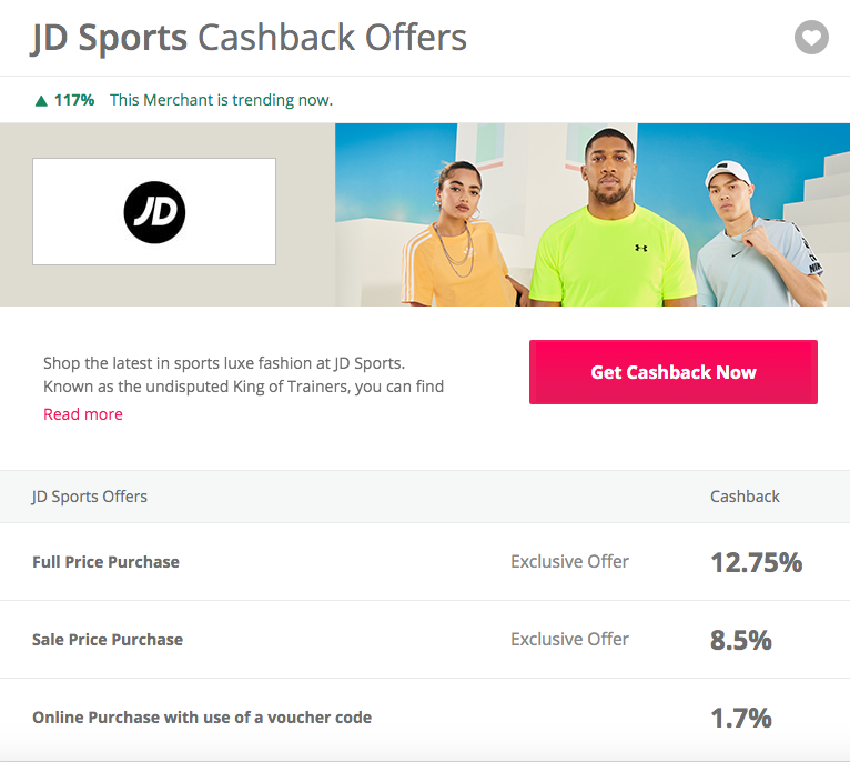 Topcashback JD sports exclusive offers on full and sale price purchase